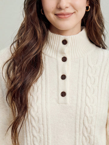Cozy Cable Knit Button Mockneck Sweater