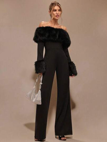 Faux Fur Off Shoulder Jumpsuit