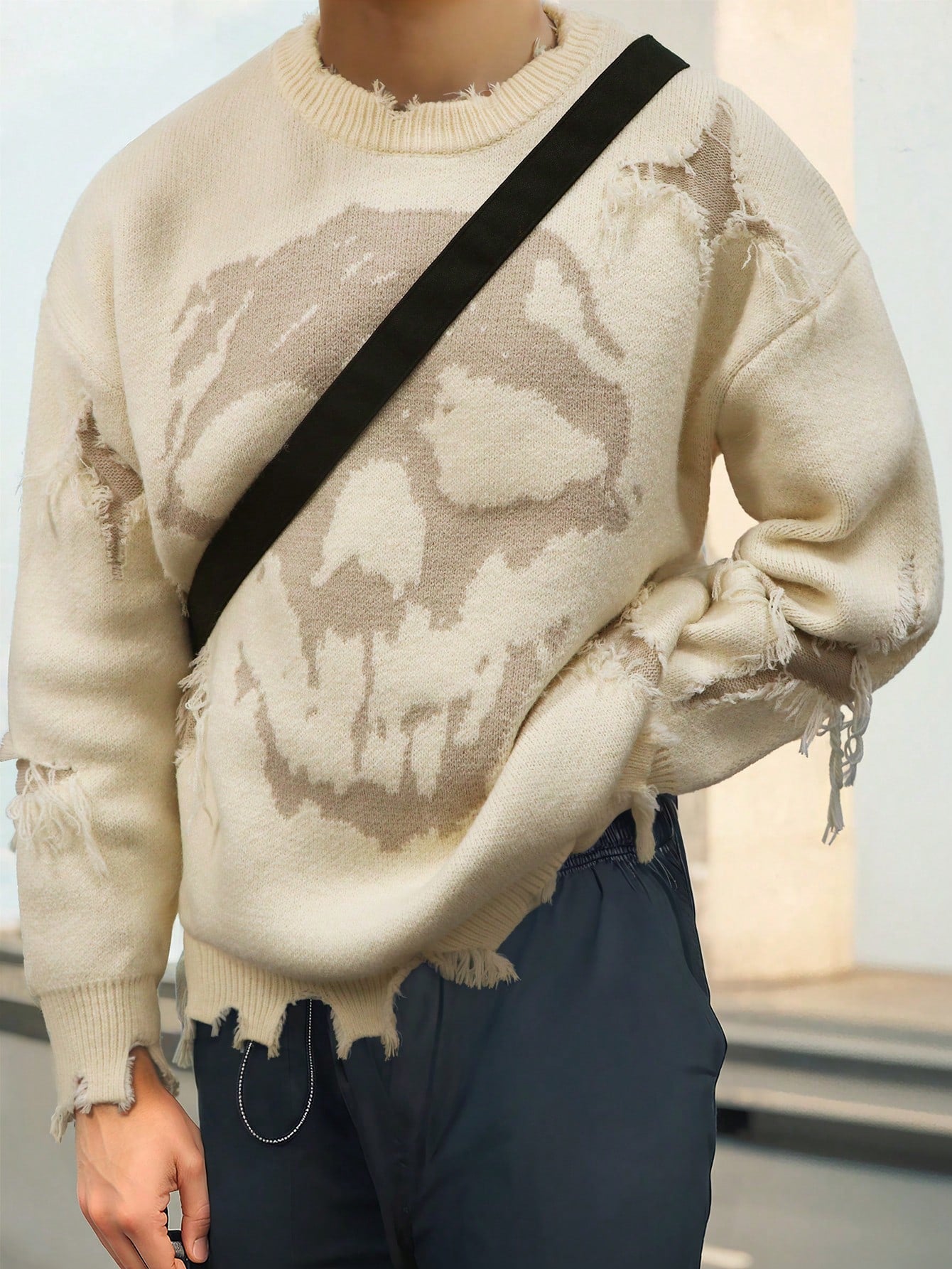 Distressed Grunge Skull Graphic Sweater