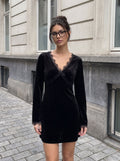 Lace Trim Velvet Mini Dress