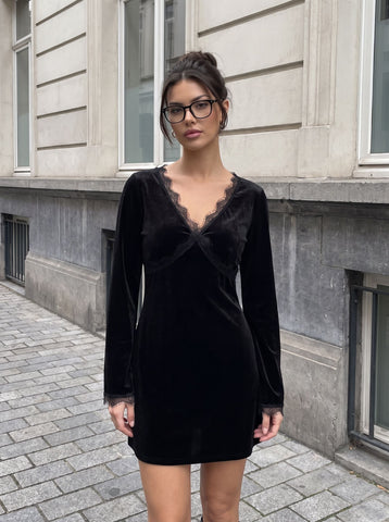 Lace Trim Velvet Mini Dress