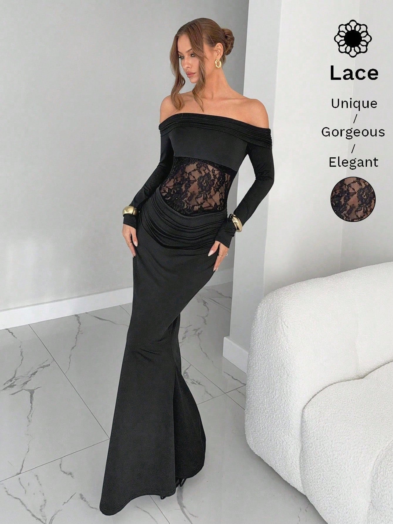 Elegant Lace Off Shoulder Maxi Dress