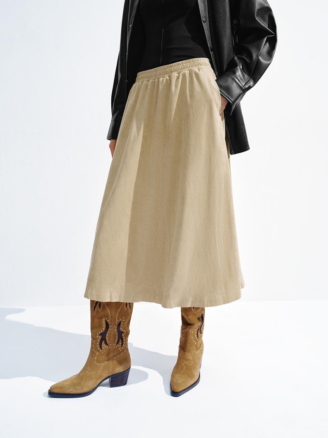 Urban Revivo Pull On A-Line Midi Skirts-Natural