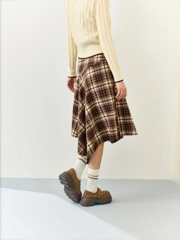 High Waisted Plaid Asymmetric Midi Skirt