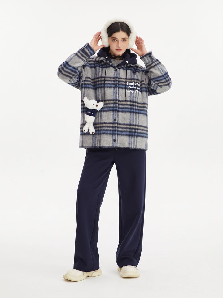 Hooded Plaid Brushed Wool Coat