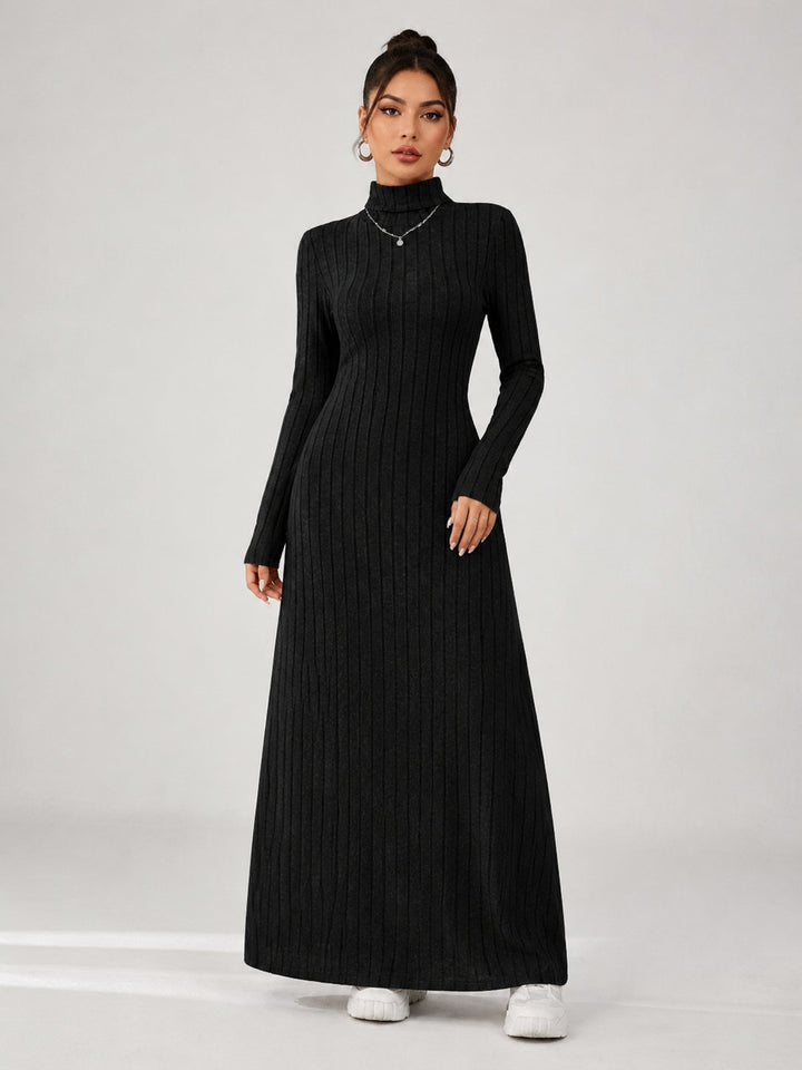 Ribbed Turtleneck Long Sleeve Maxi Dress