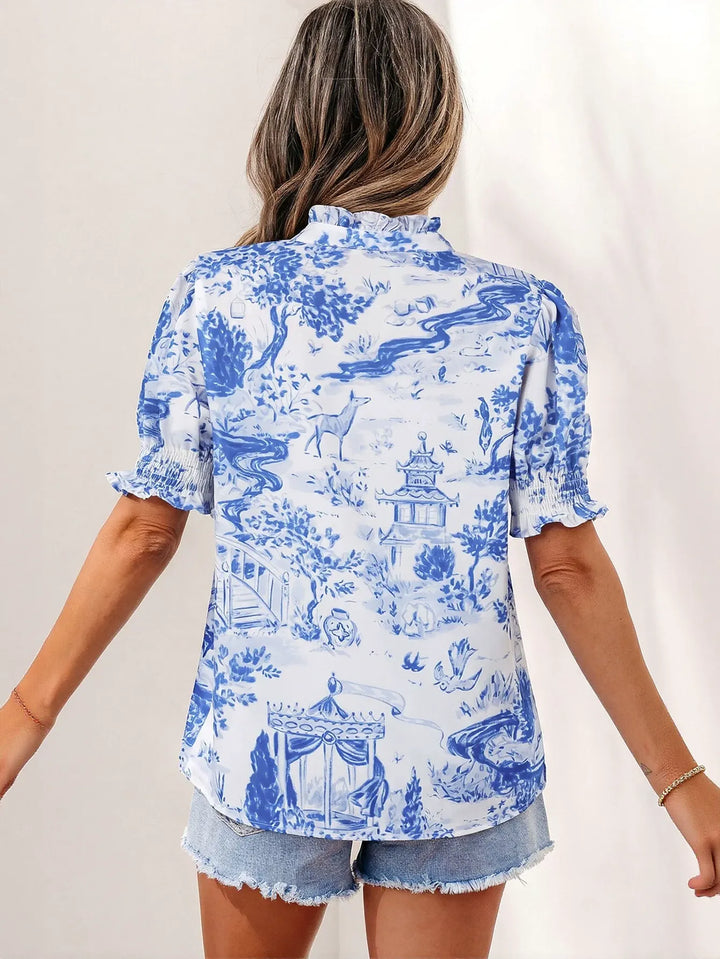 Smocked Floral Print Chiffon Blouse