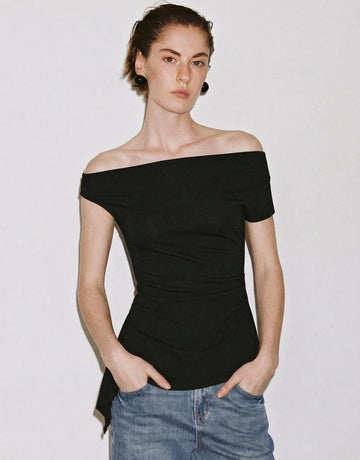 Urban Revivo Asymmetric V-Neck Ruched Shirts-Black