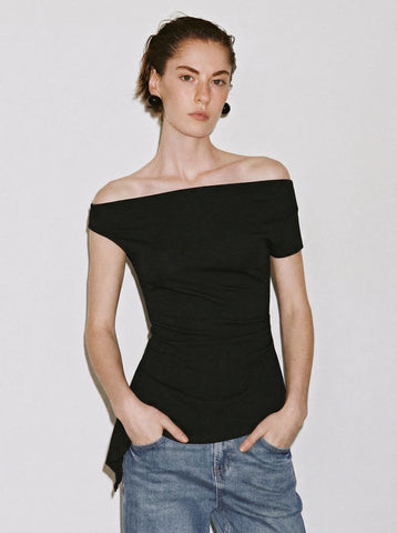 Urban Revivo Asymmetric V-Neck Ruched Shirts-Black