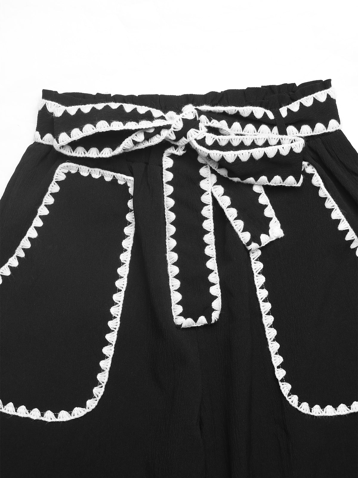 Bow-Belt Zigzag-Stitch Sweet Pants