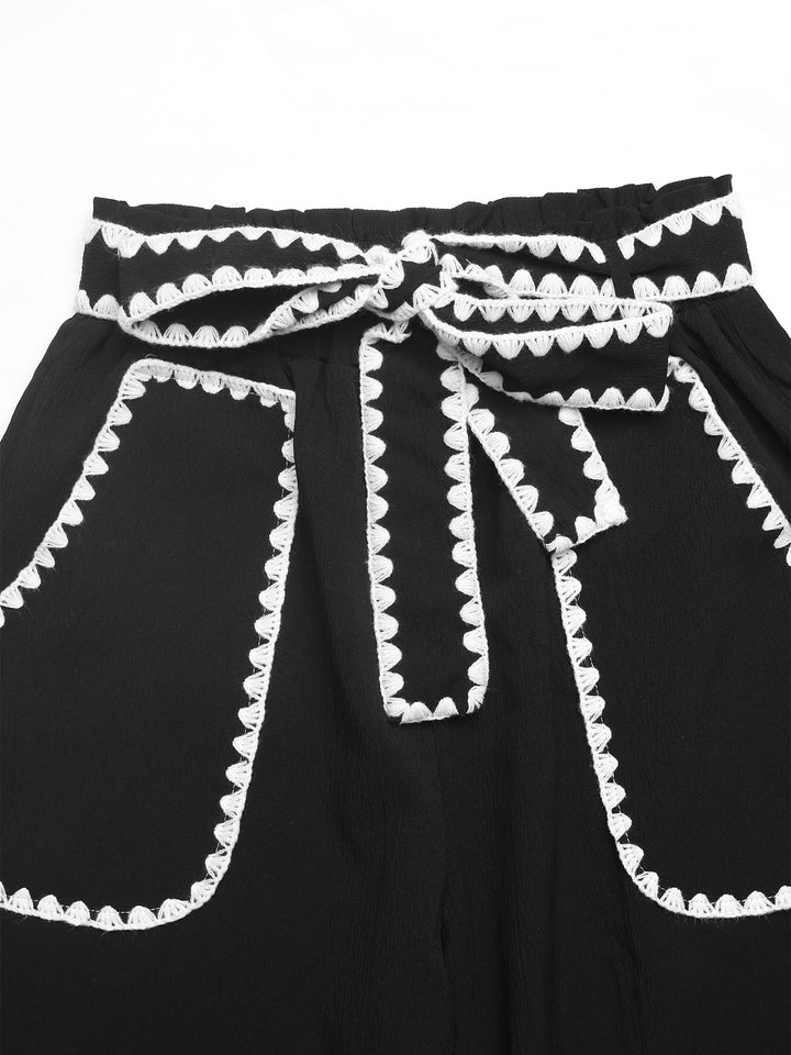 Bow-Belt Zigzag-Stitch Sweet Pants