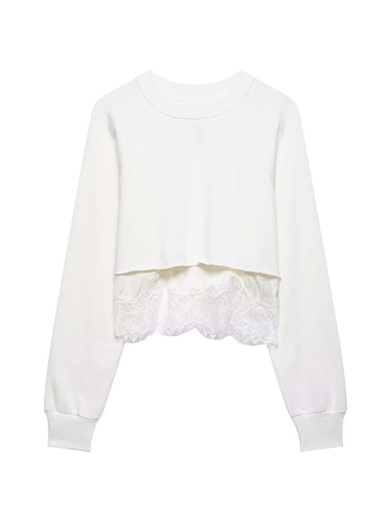Cropped Lace Trim Sweatshirt
