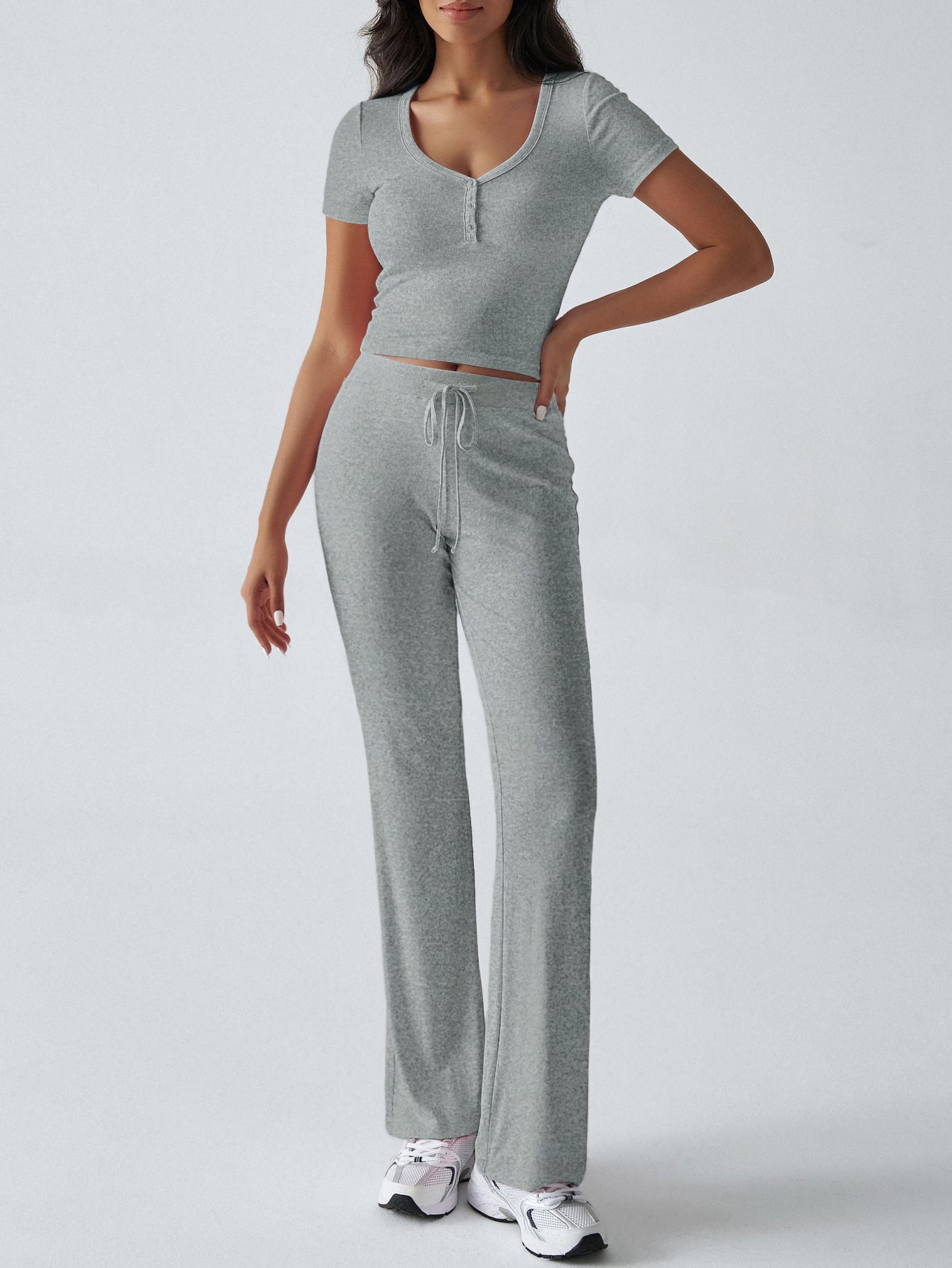 Short Sleeve Top High-Waisted Wide-Leg Pants Casual Set