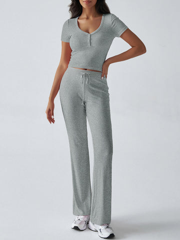 Short Sleeve Top High-Waisted Wide-Leg Pants Casual Set