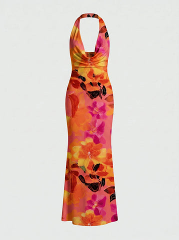 LILA Floral Print Cowl Neck Bodycon Midi Dress
