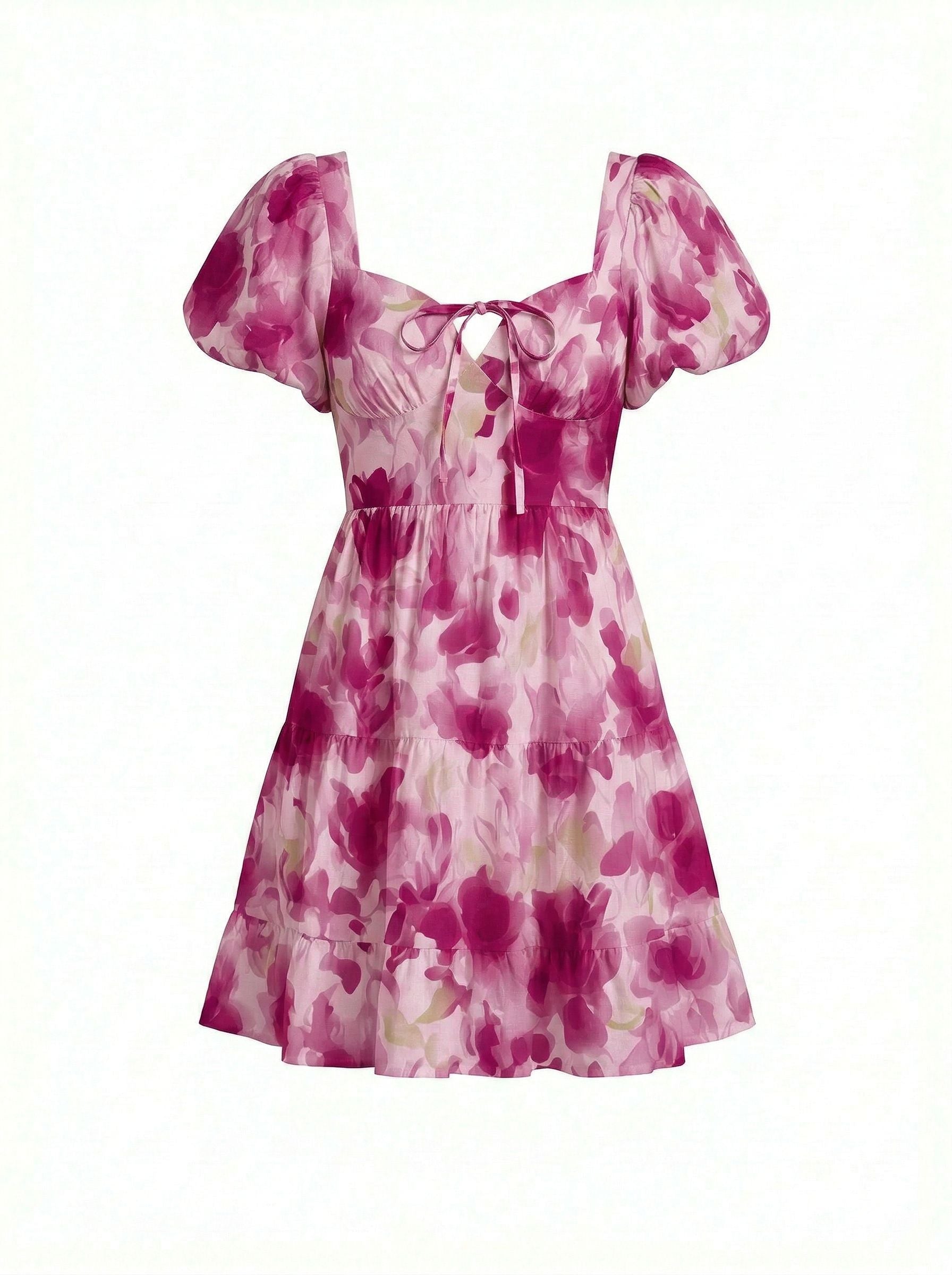 AYLA Floral Print Puff Sleeve Tiered Mini Dress