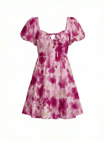 AYLA Floral Print Puff Sleeve Tiered Mini Dress