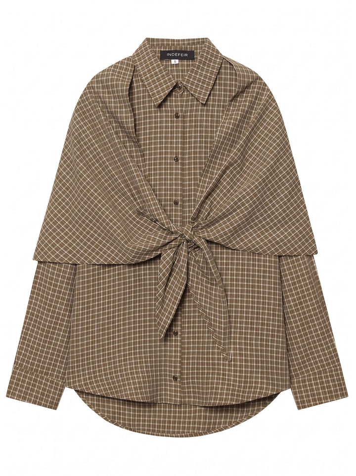 Draped Plaid Tie Front Button Shirt