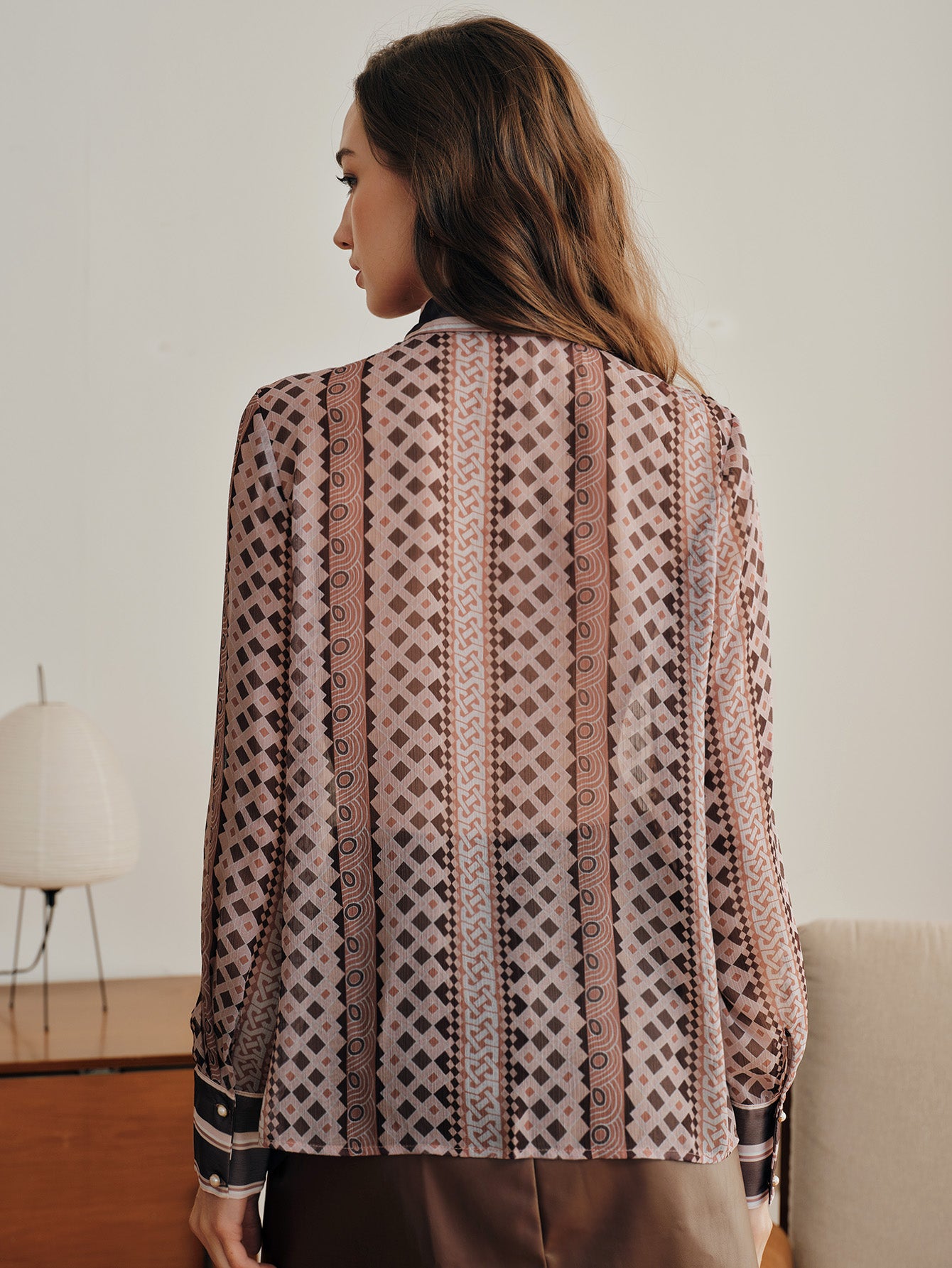 Elegant Geometric Print Tie Neck Shirt