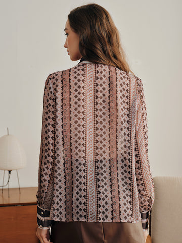 Elegant Geometric Print Tie Neck Shirt
