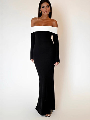 Elegant Off Shoulder Colorblock Maxi Dress