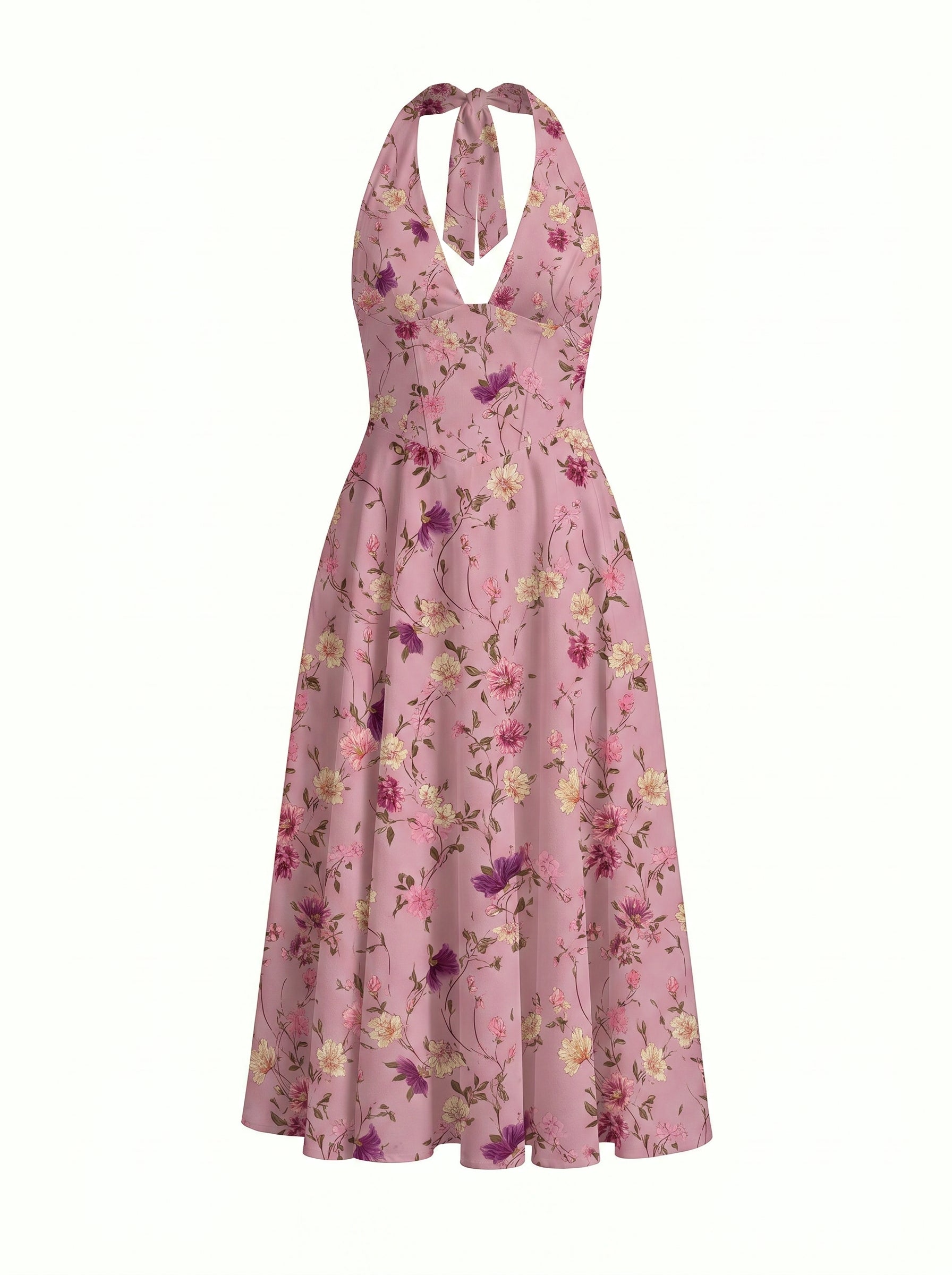 Floral Print Halter Neck Tie Back Midi Dress