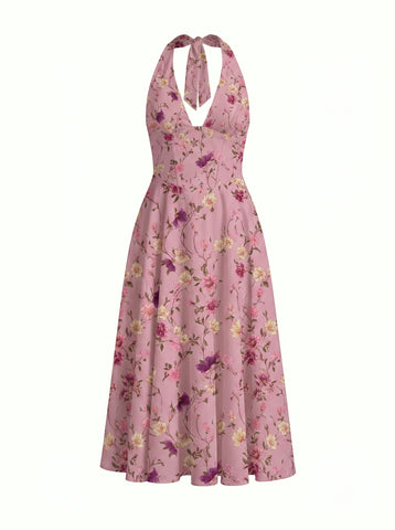 Floral Print Halter Neck Tie Back Midi Dress