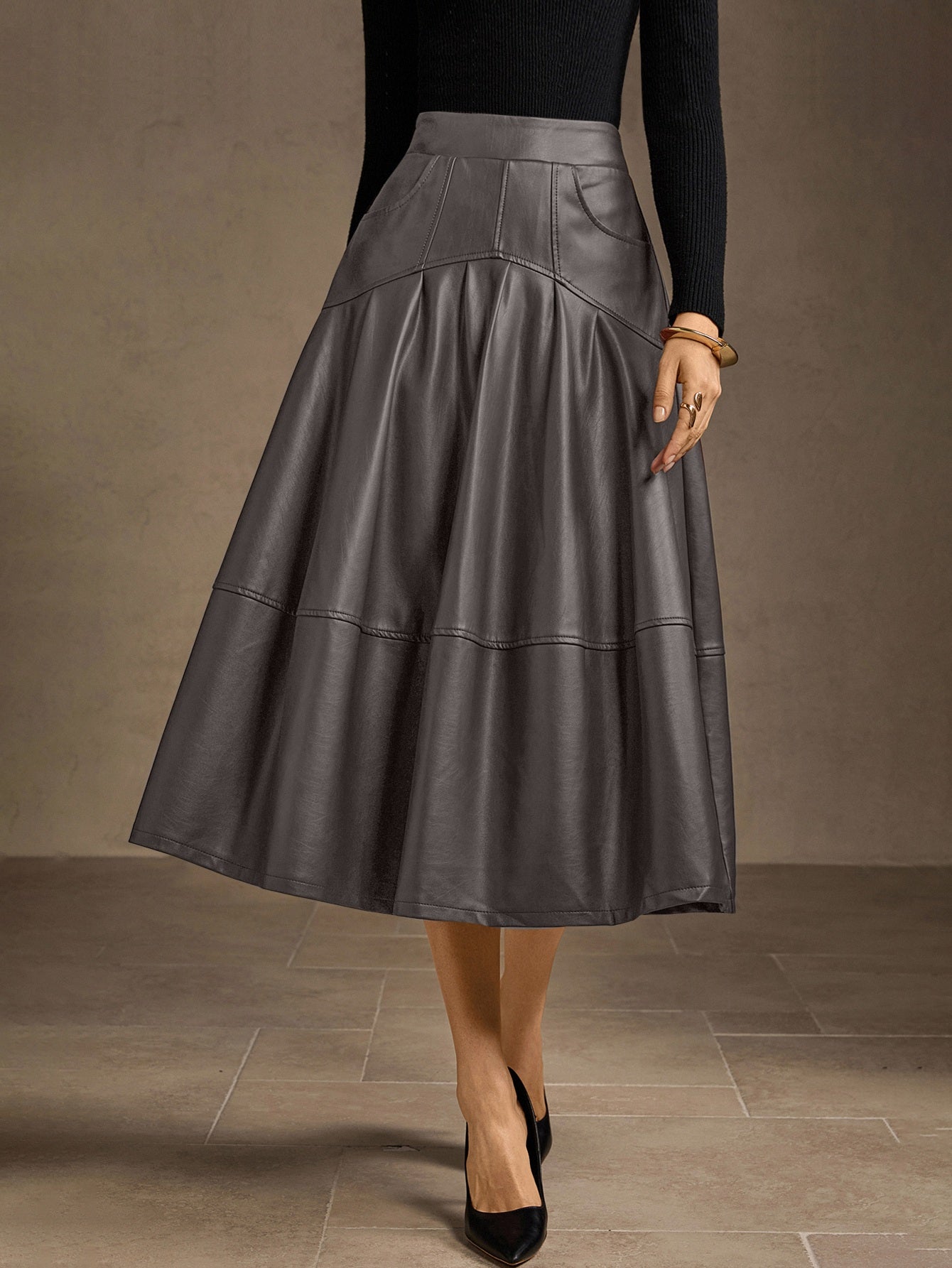 Elegant High Waisted Faux Leather Skirt