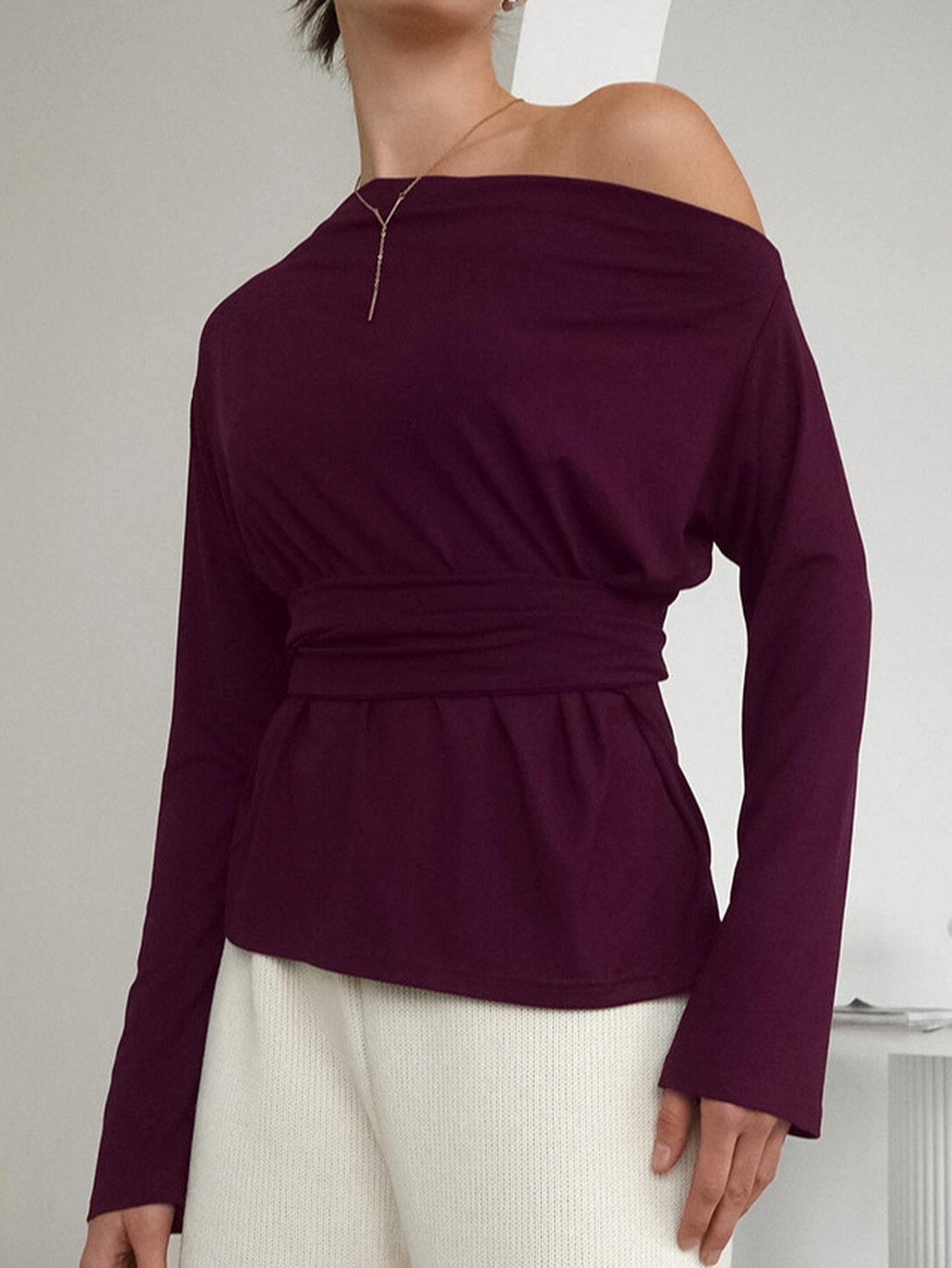 Elegant Off Shoulder Waist Tie T Shirt