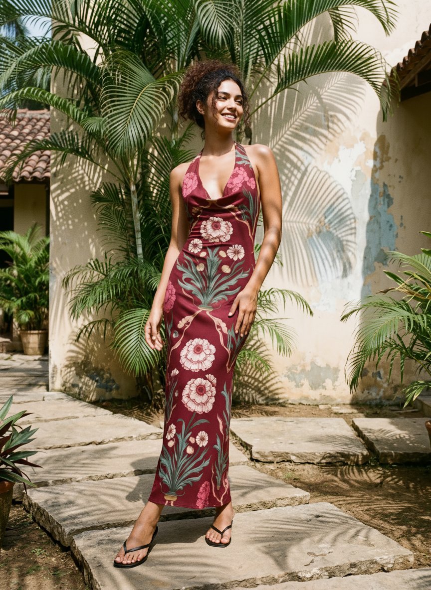 LILA Floral Print Cowl Neck Bodycon Midi Dress