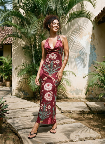 LILA Floral Print Cowl Neck Bodycon Midi Dress