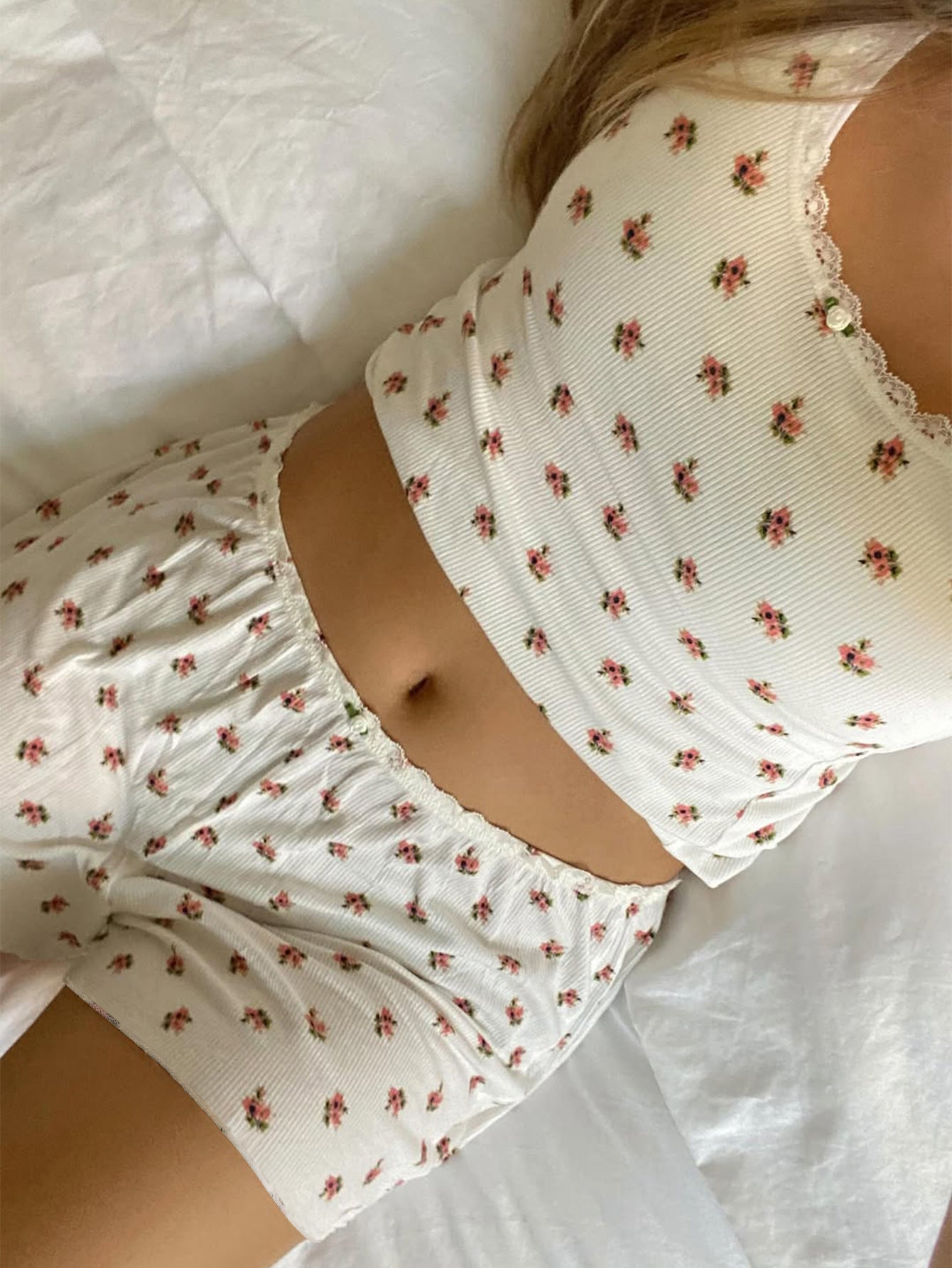 Floral Lace Trim Ribbed Shorts Set