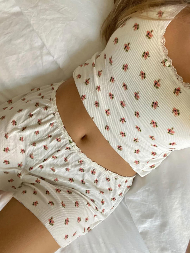 Floral Lace Trim Ribbed Shorts Set