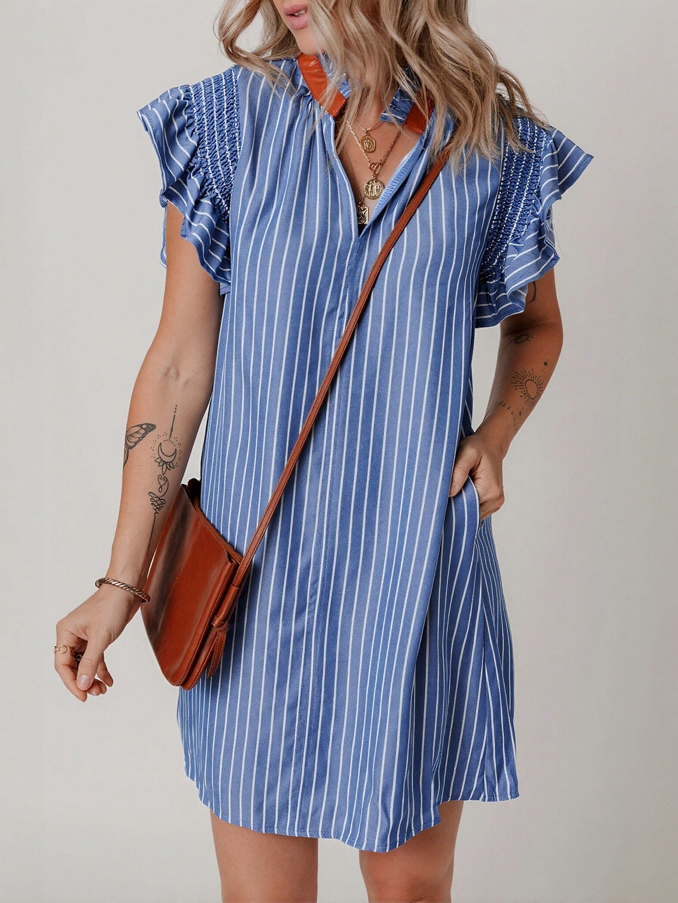 Ruffled Sleeve Striped Mini Dress