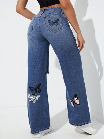 Distressed Butterfly Print Wide Leg Jeans