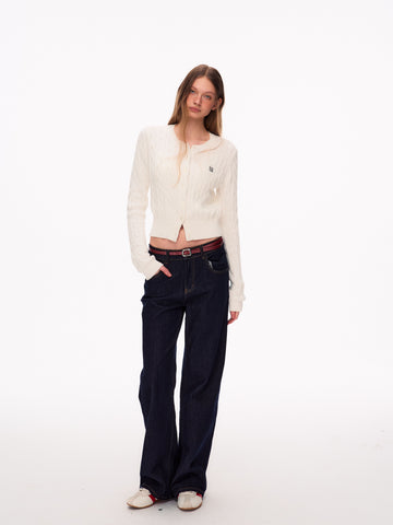 Cropped Embroidered Cable Knit Cardigan