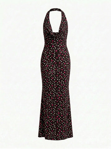 LILA Floral Print Cowl Neck Bodycon Midi Dress
