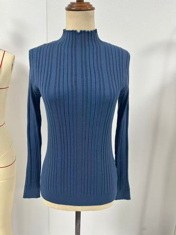 Ribbed Lettuce Edge Mock Neck Sweater