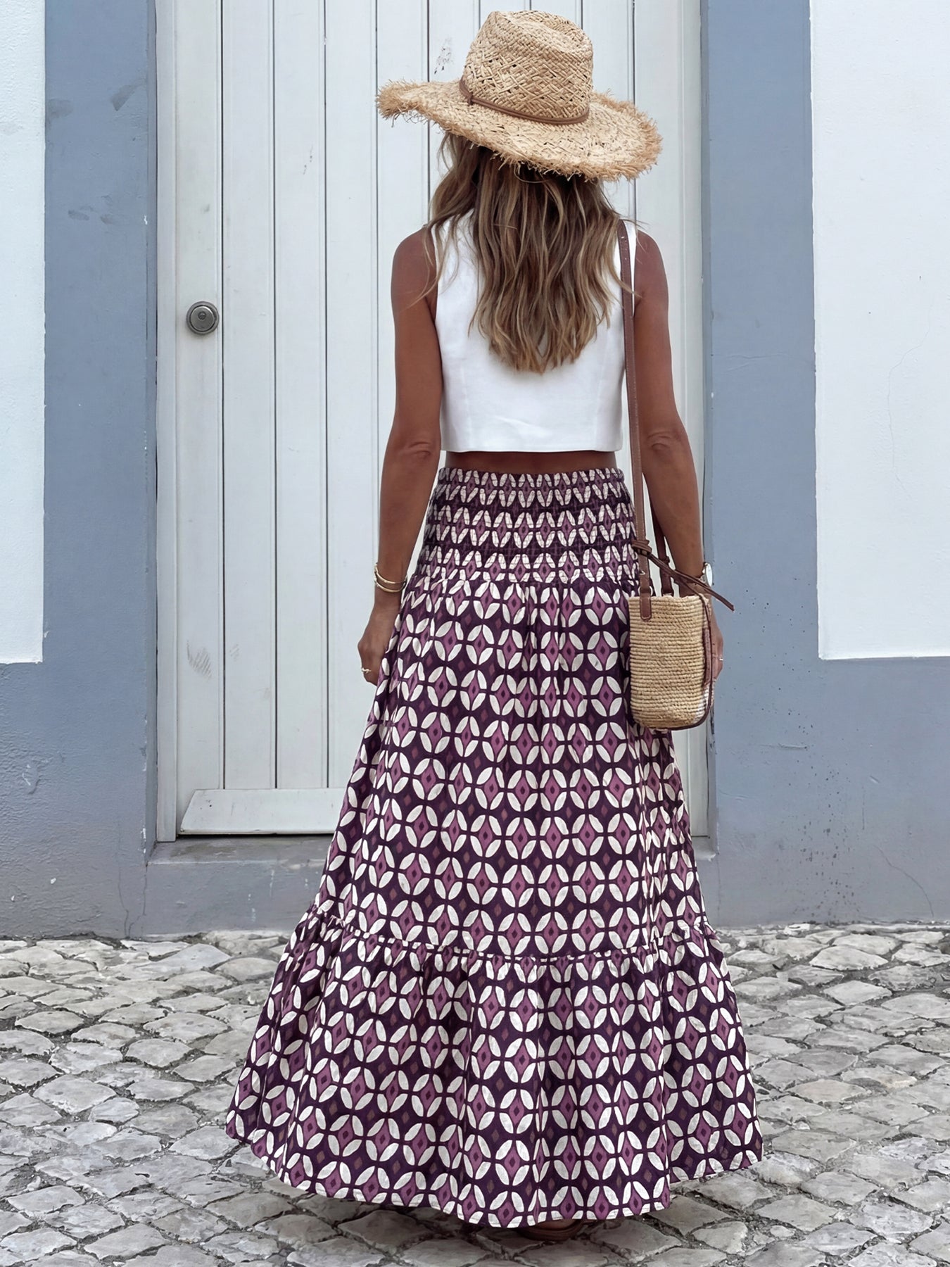Boho Printed Smocked Waist Maxi Skirt