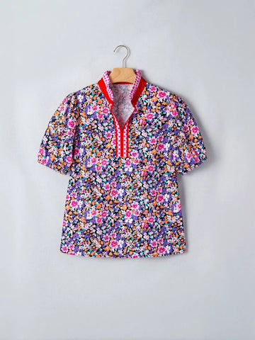 Floral Print Split Neck Pullover
