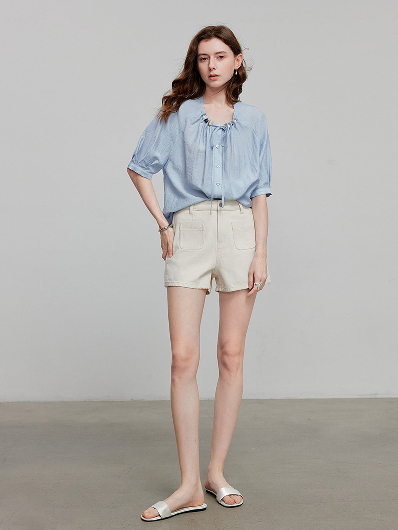 TOYOUTH Linen Blend Tie-Neck Relaxed Blouse