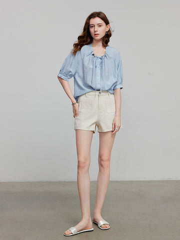 TOYOUTH Linen Blend Tie-Neck Relaxed Blouse