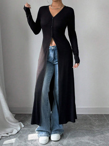 Ribbed Button Front Long Cardigan