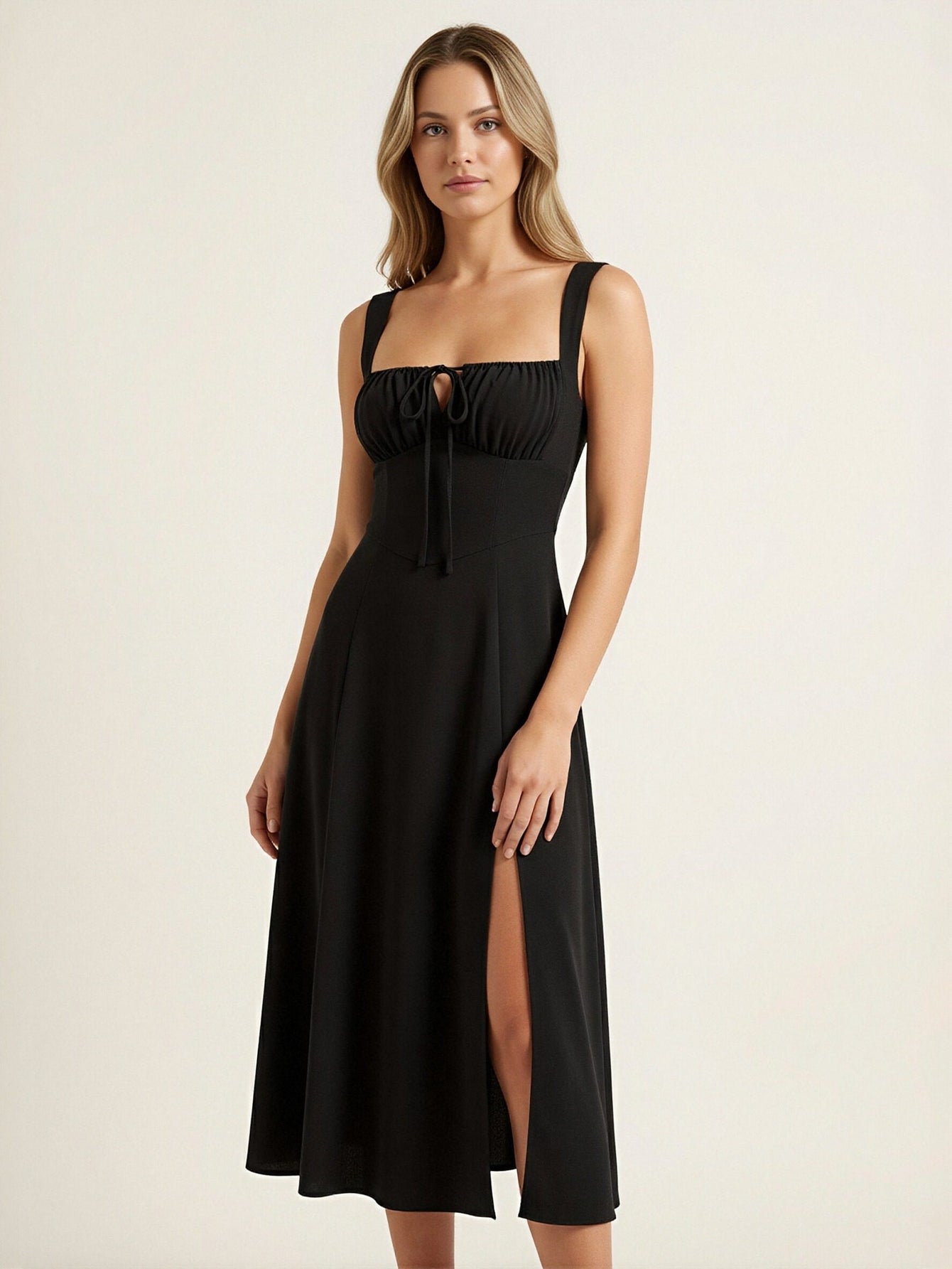 Smocked Bust Tie-Front A-Line Vintage Midi Dress-Black