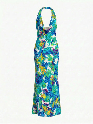 LILA Floral Print Cowl Neck Bodycon Midi Dress