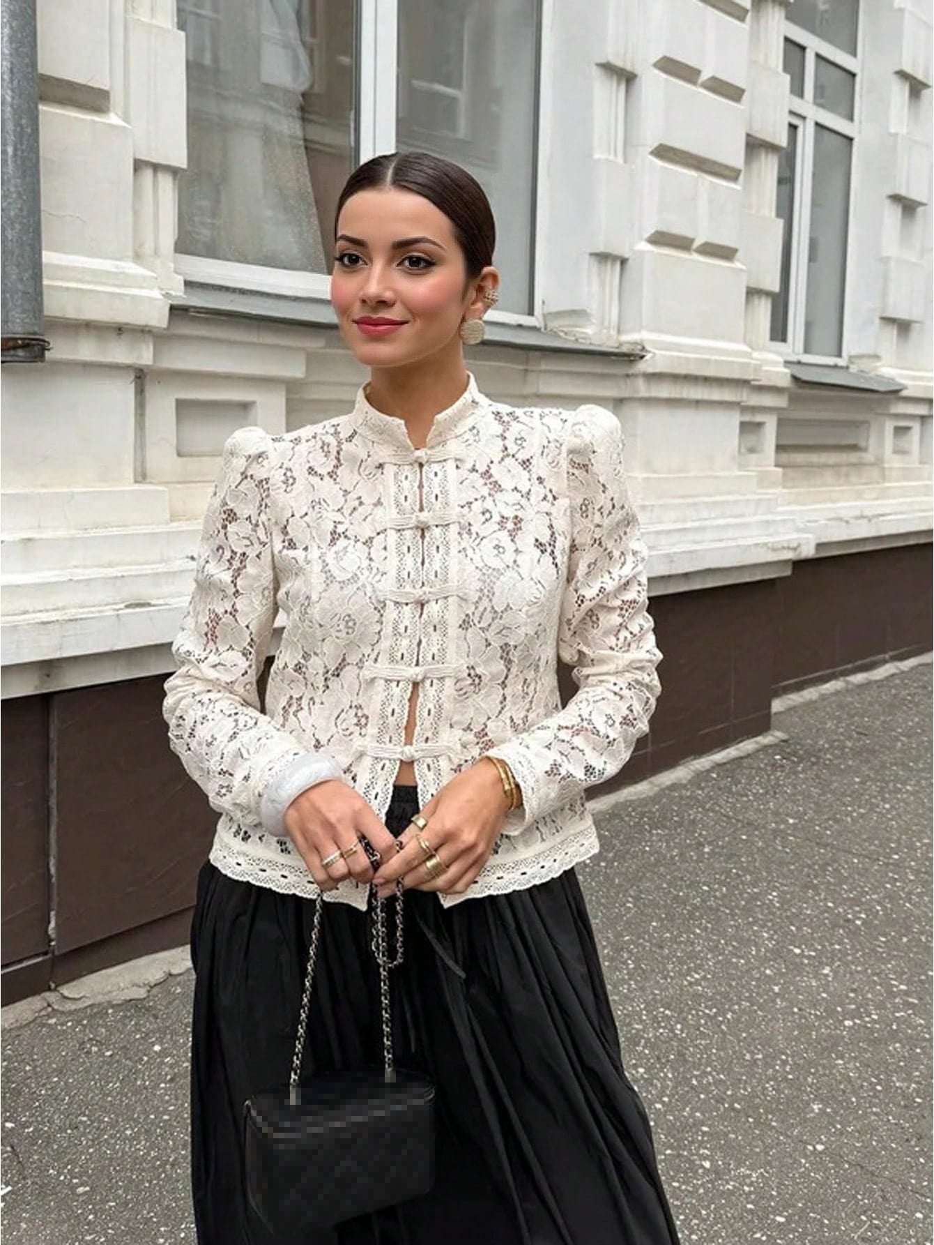 Elegant Lace Mandarin Collar Button Shirt