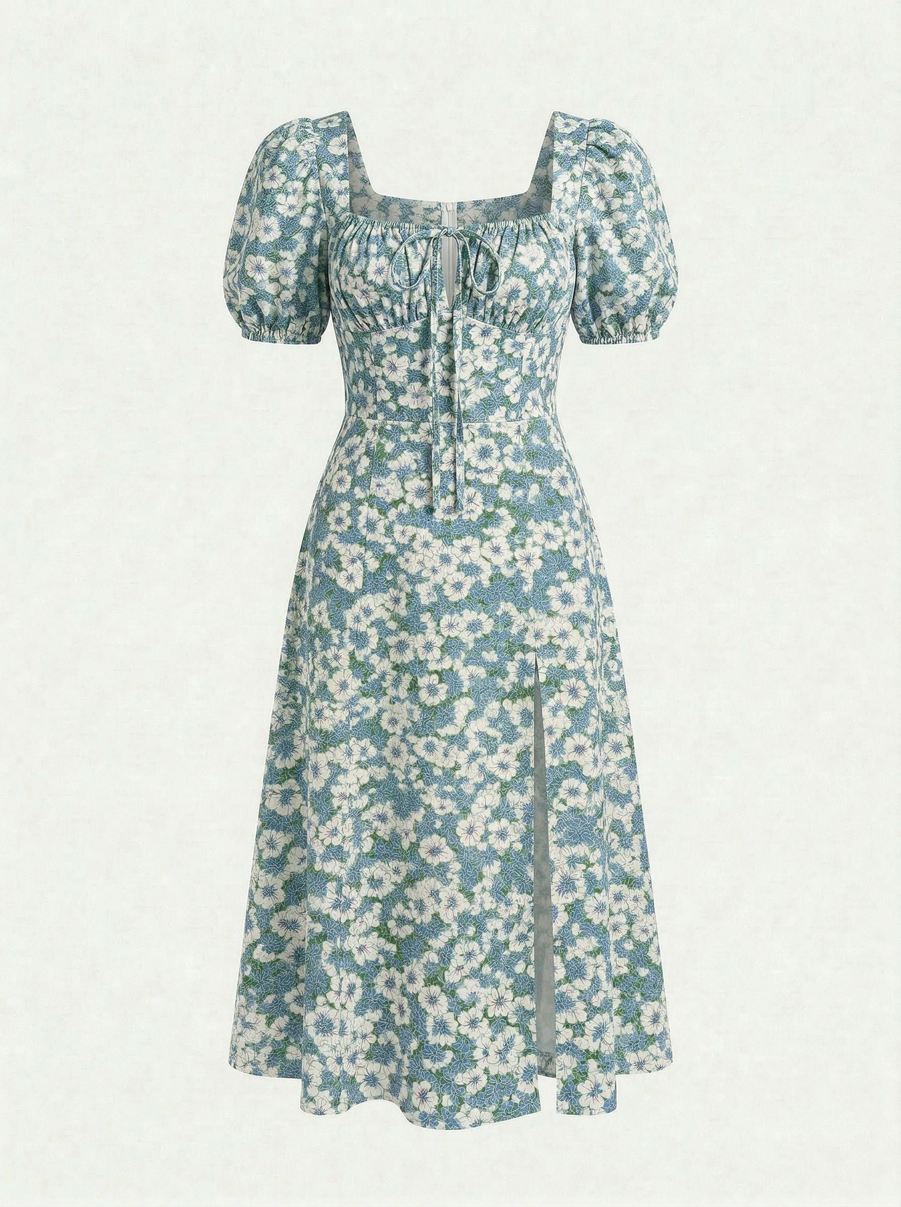 Floral Print Puff Sleeve Tie MidiDress