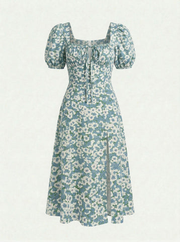 Floral Print Puff Sleeve Tie MidiDress
