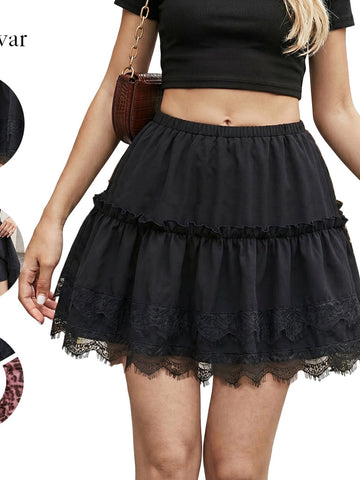 Leopard Print Lace Trim Mini Skirt