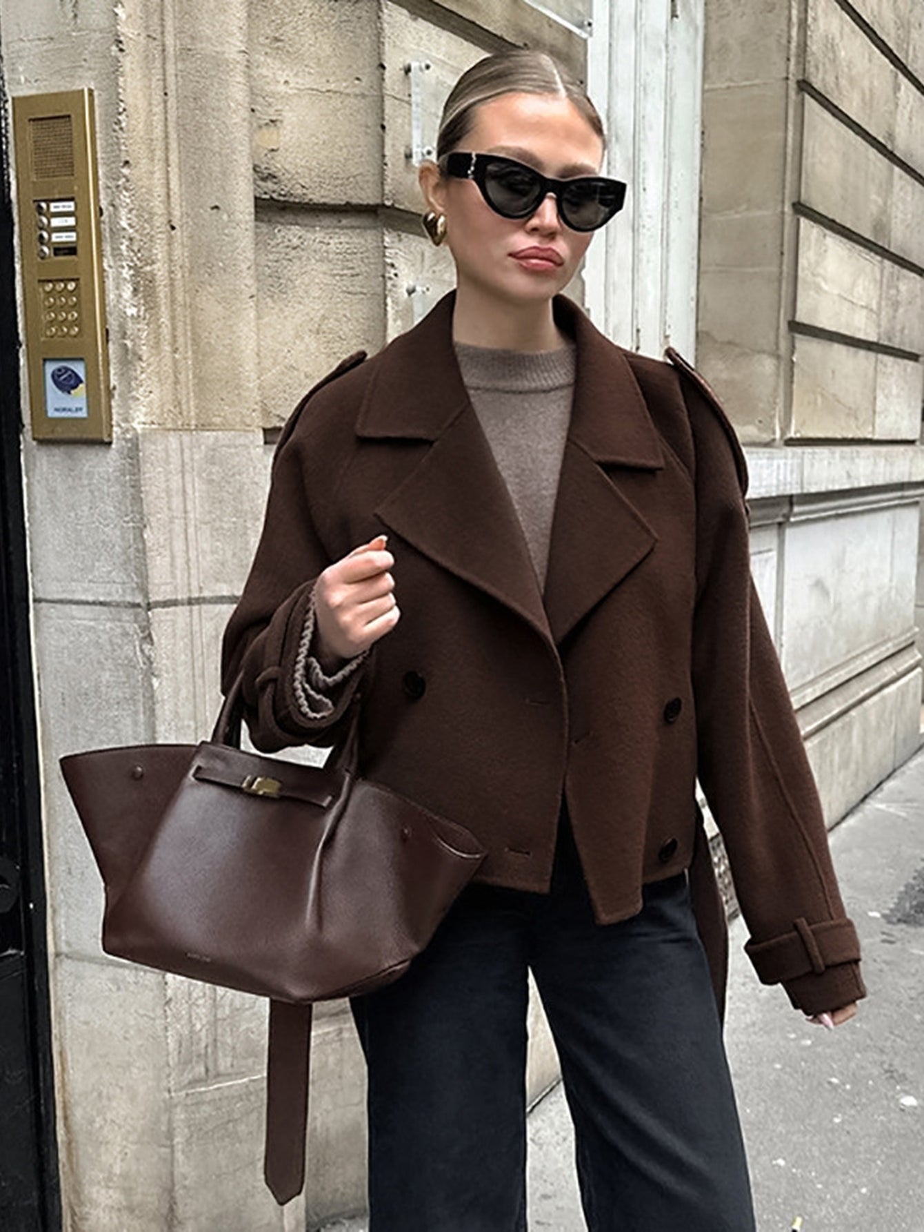 Brown Double Breasted Cropped Jacket